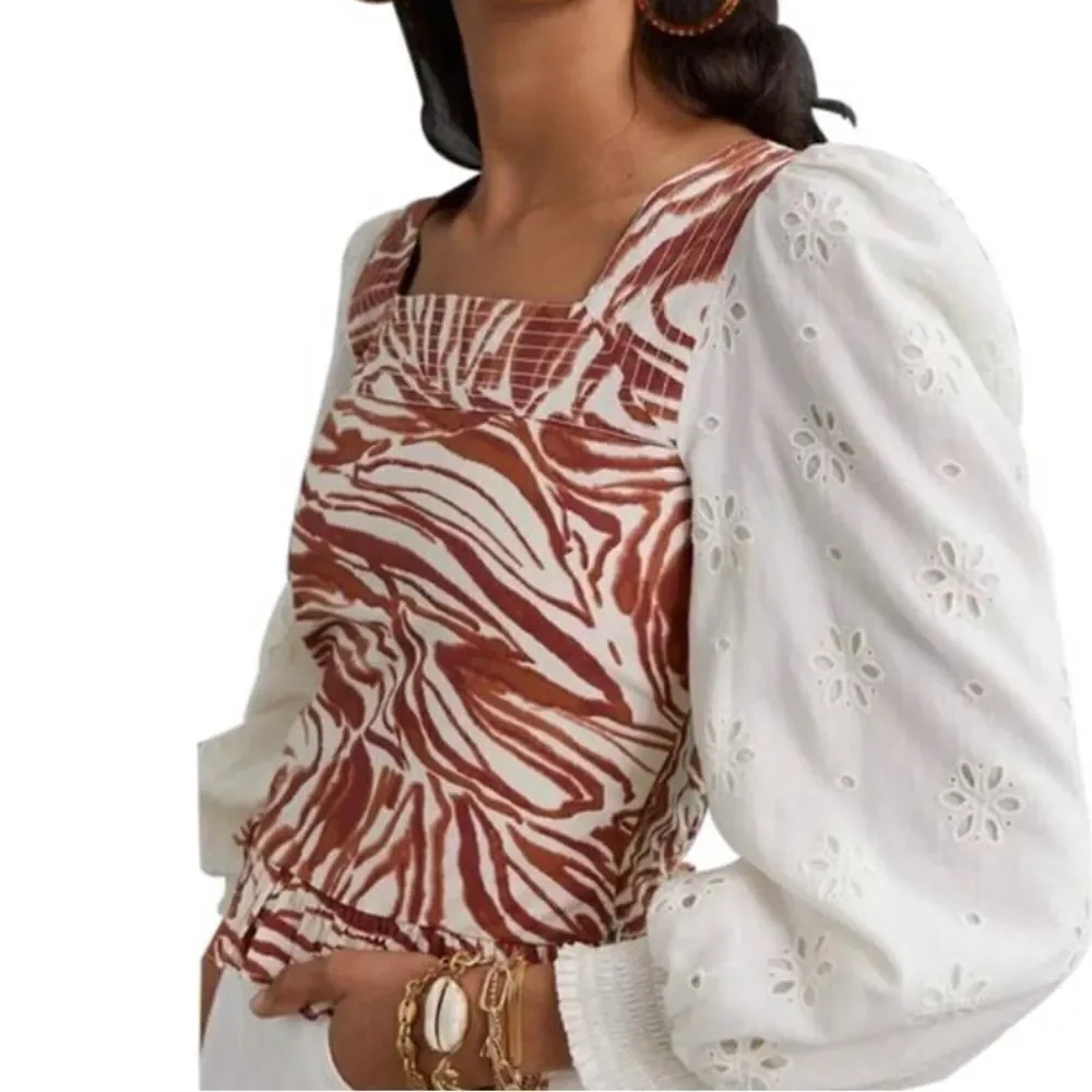 NWT Anthropologie Love The Label Smocked Puff-Sleeve Top size M Blouse
